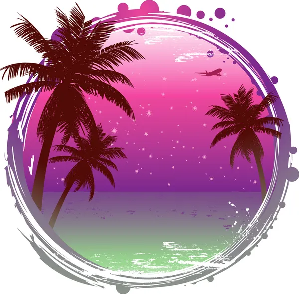 Abstract tropical sunset background with palm trees and tranquil ocean — Stock Vector