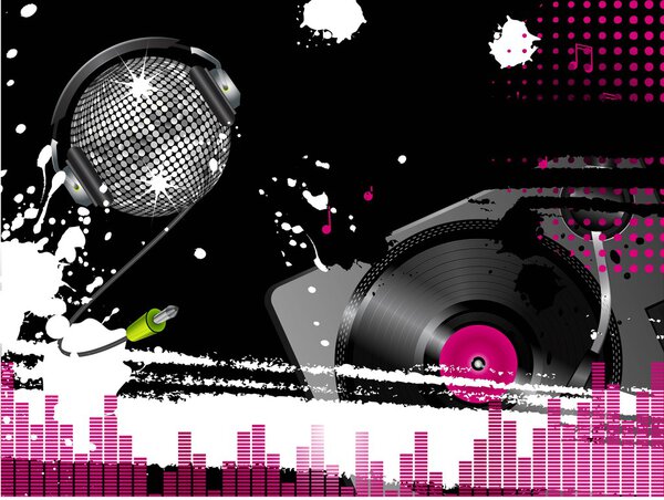 Грандиозный абстрактный музыкальный фон с вращающимся и сверкающим серебряным диско-шаром
