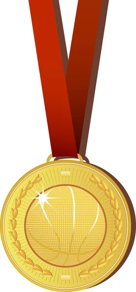 Gold medal with basketball design and red ribbon — Stock Vector