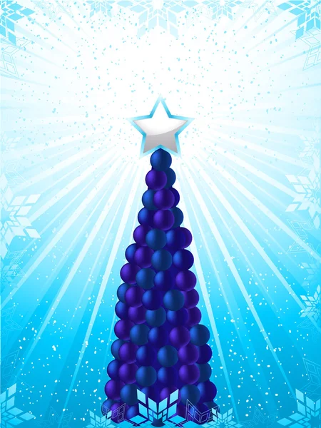 Christmas background with bauble tree and shining star on a blue snowflake background — Stock Vector