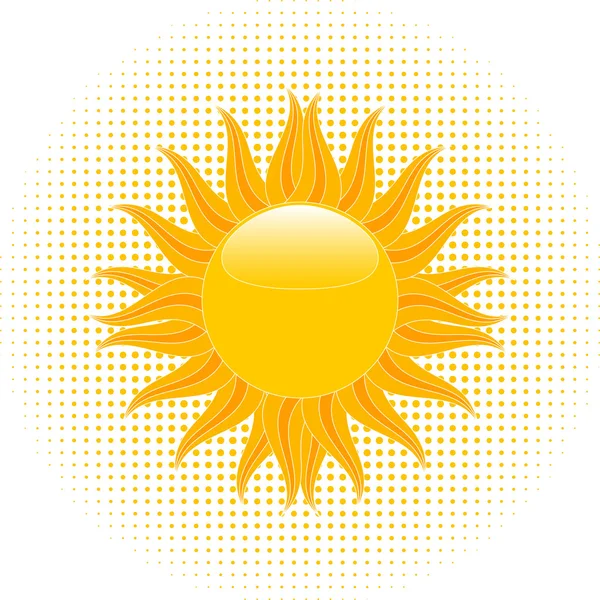 Bright orange summer sun and rays on a halftone background — Stock Vector