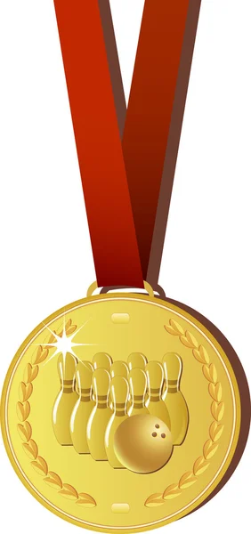 Gold ten pin bowling medal with red ribbon — Stock Vector