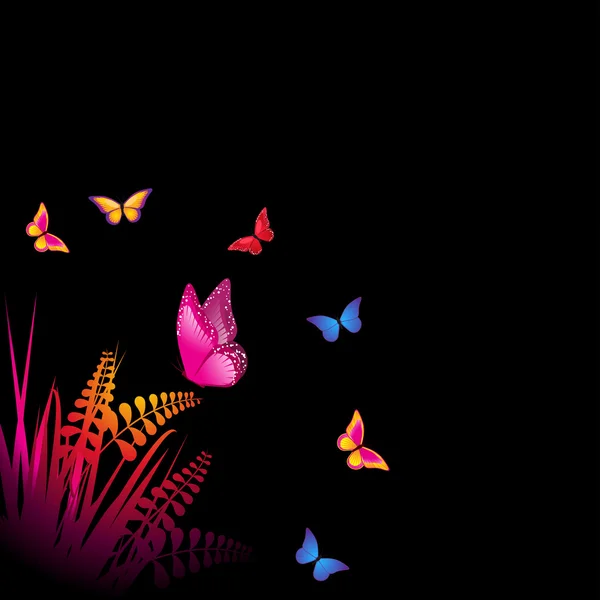 Fondo abstracto con mariposas coloridas retozando sobre hierba de colores brillantes y helechos — Vector de stock