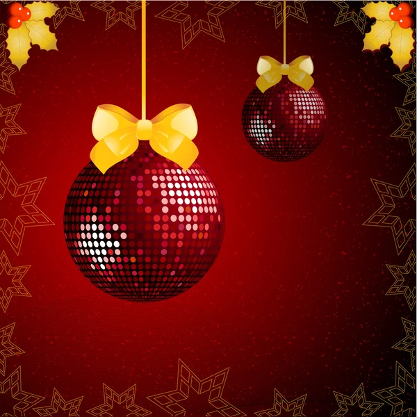 Sparkling red disco baubles with gold ribbons — Stock Vector