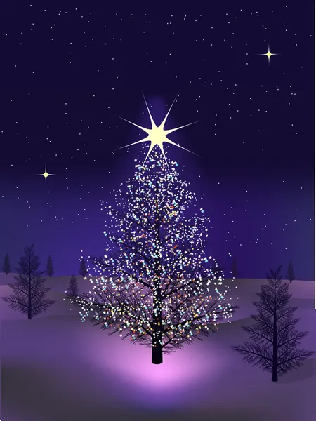 Χιονισμένο πεδίο τη νύχτα με το χριστουγεννιάτικο δέντρο που γεμίζει με φώτα — Διανυσματικό Αρχείο
