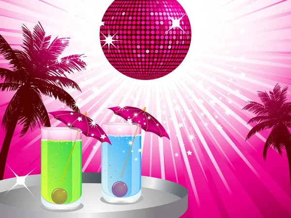 Scène de fête tropicale avec palmiers, boule disco et plateau avec cocktails — Image vectorielle