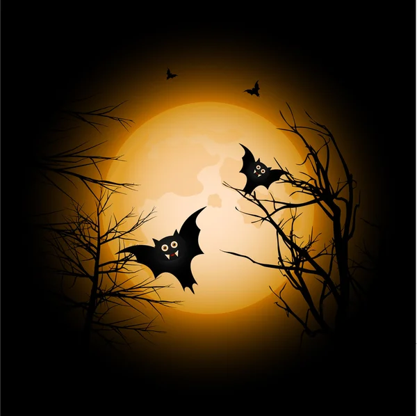 Komische halloween vleermuizen omlaag duikt uit de hemel met gloeiende volle maan achter — Stockvector