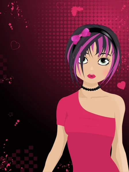 Menina estilo emo bonito com cabelo preto e rosa — Vetor de Stock