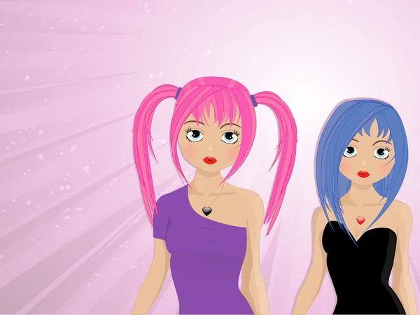 Twee schattige manga stijl meisjes met roze en blauwe haren — Stockvector