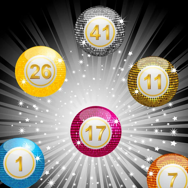 Glittering disco lottery balls bursting out of a glowing centre — Stock Vector