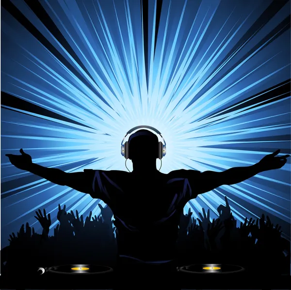 DJ with headphones entertaining a crowd of with bright light exploding behind — Stock Vector