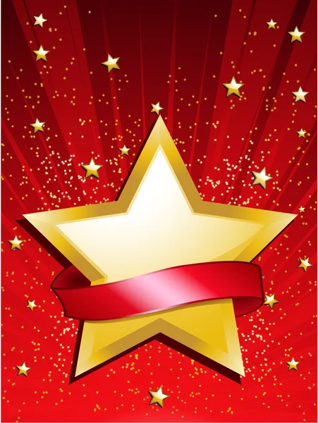 Праздничный фон с золотой звездой, красной звездочкой и блестящими вспышками — стоковый вектор