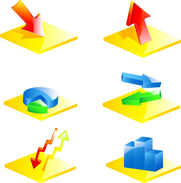Conjunto de seis ícones de estilo financeiro com gráficos de barras e tortas — Vetor de Stock