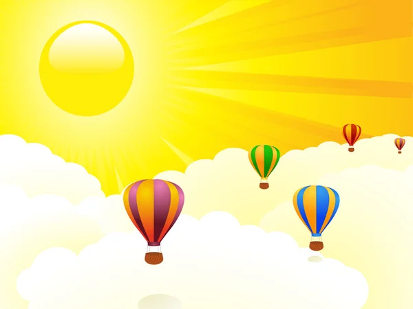 Abstrato balão de ar quente flutuando acima das nuvens agains um céu dourado — Vetor de Stock