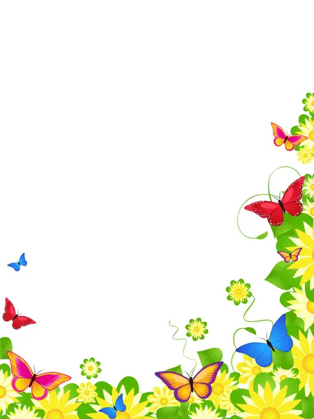 Flores de primavera brillantes y mariposas coloridas — Vector de stock