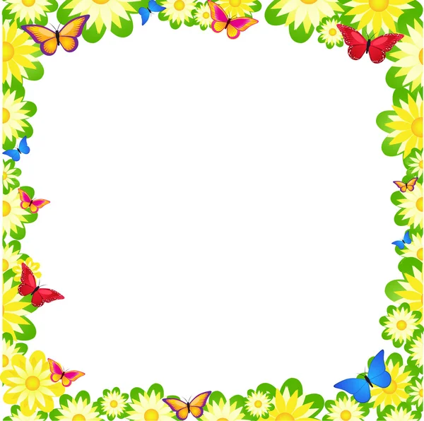 Fleurs printanières lumineuses et papillons colorés — Image vectorielle