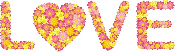 Mensaje de San Valentín con flores rosas y amarillas deletreando la palabra 'amor' — Vector de stock