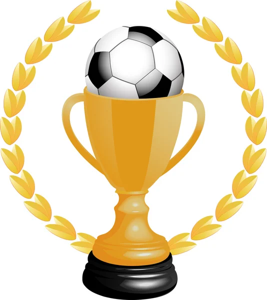 Troféu de ouro com futebol e grinalda — Vetor de Stock
