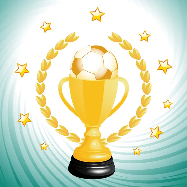Золотой трофей с футболом и венком — стоковый вектор