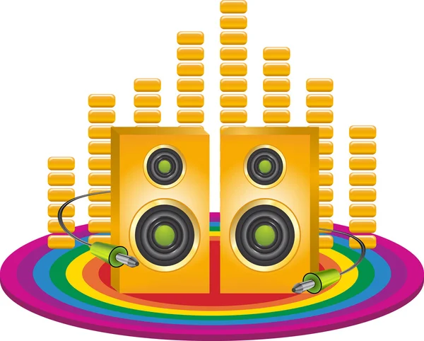 Fondo de música funky con altavoces amarillos y gatos en un círculo de arco iris con ecualizador 3D — Vector de stock