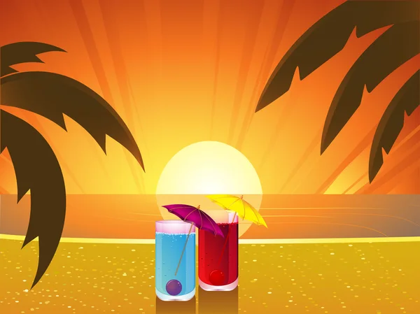 Atardecer tropical con cócteles — Vector de stock