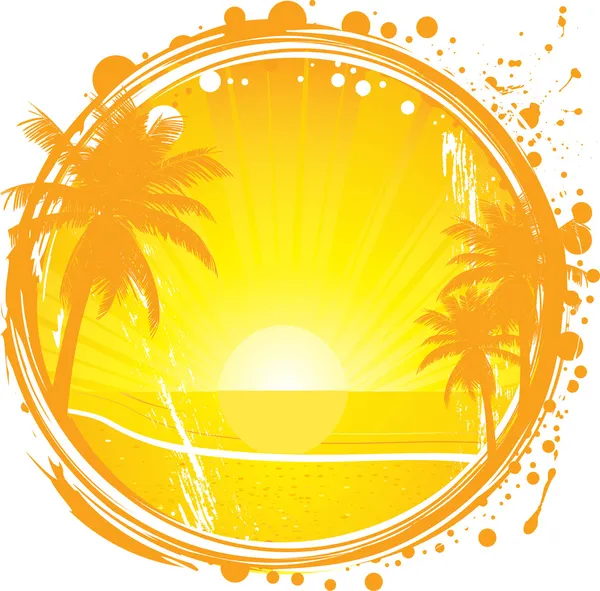 Quadro tropical, pôr do sol na praia, ilustração vetorial, arquivo EPS incluído —  Vetores de Stock