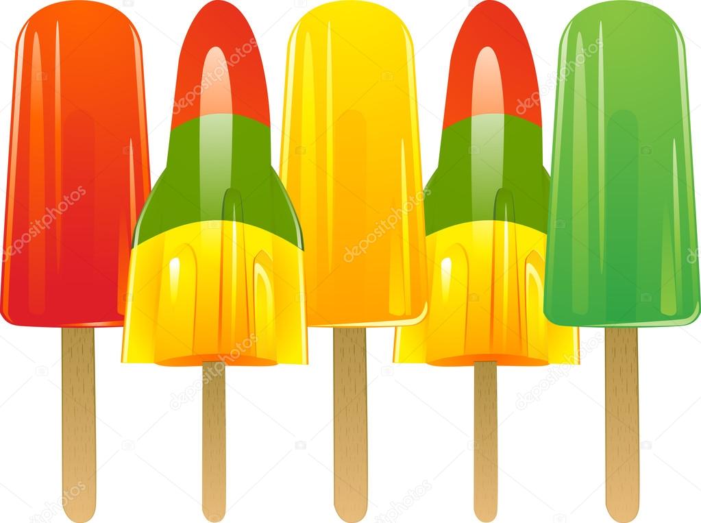 Selection of fruit and rocket ice lollies on a white background