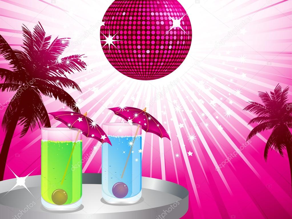 Tropical party scene with palm trees, disco ball and tray with cocktails