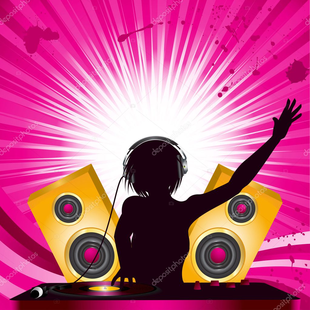 DJ with headphones entertaining a crowd of with bright light exploding behind