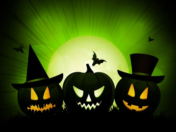 Halloween pumpkins on an eery green background — Stock Vector