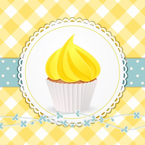 Cupcake with yellow icing on yellow gingham background — Stock Vector