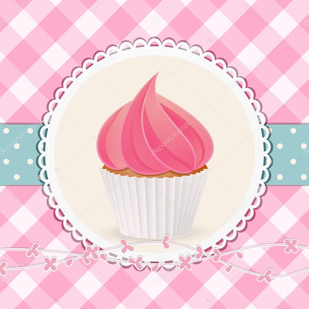cupcake with pink icing on pink gingham background