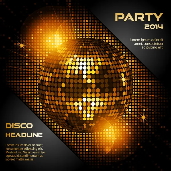 Disco ball in glowing gold with sample text — Stock Vector