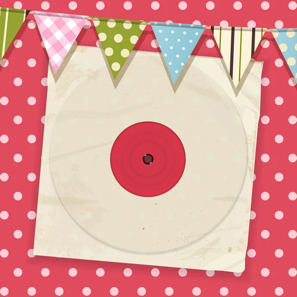 Vintage record and sleeve with bunting on a pink polka dot backg — Stock Vector