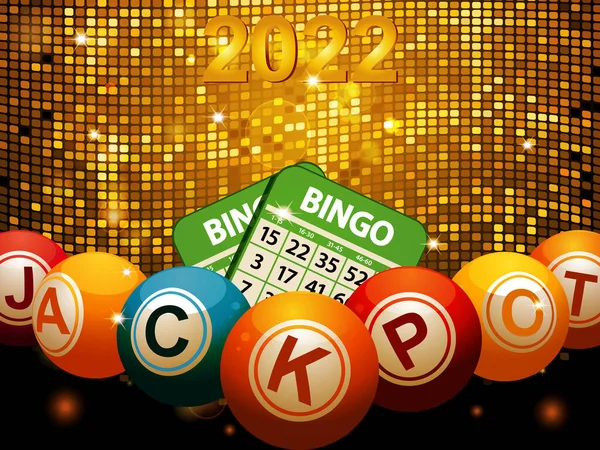 Bingo Balls Ange Word Jackpot Och Bingokort Över Disco Plattor Stockvektor