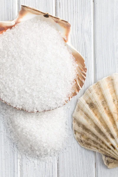Vit kristall salt i seashell — Stockfoto
