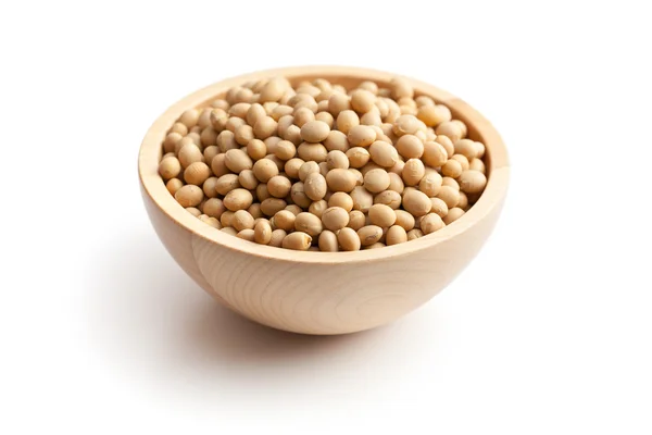 Soy beans in wooden bowl — Stock Photo, Image