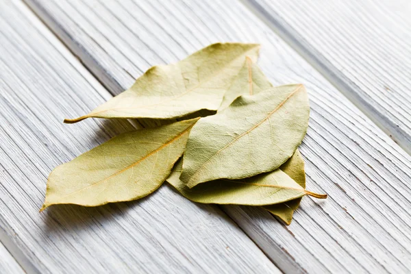 Feuilles de laurier sur table en bois blanc — Photo