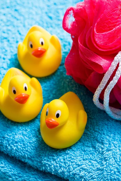 Patos de baño amarillo y soplo de baño — Foto de Stock