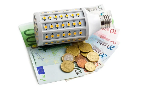 Ampoule LED avec argent en euros — Photo