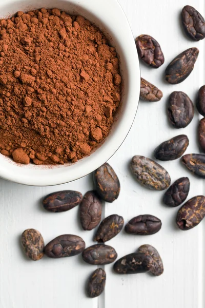 Cocoa powder and cocoa beans — Stock Photo, Image