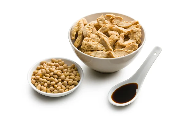 Soybeans, soy meat and soy sauce Stock Photo