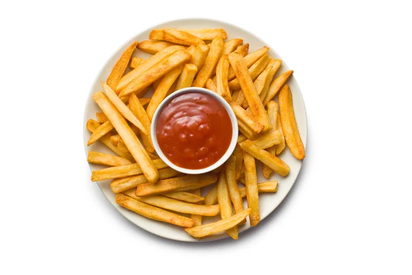 Batatas fritas com ketchup no prato — Fotografia de Stock