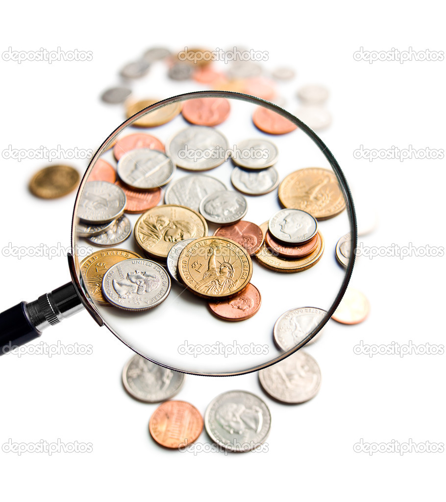 american coins under a magnifying glass, Stock Photo, Picture And