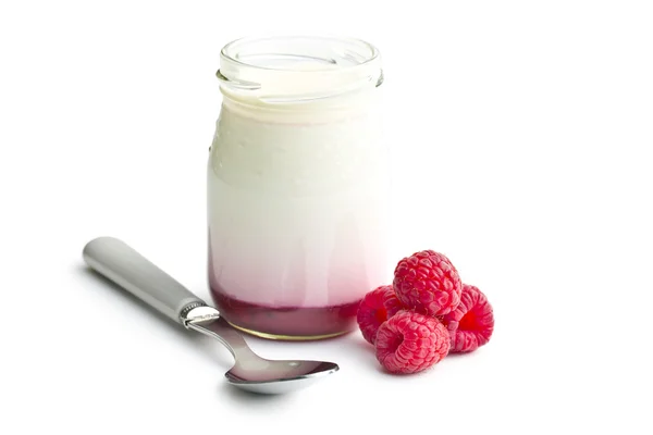 Yogurt in jar with raspberries — Stock Photo, Image