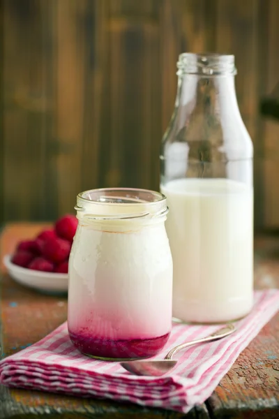 Fruitige yoghurt in pot — Stockfoto