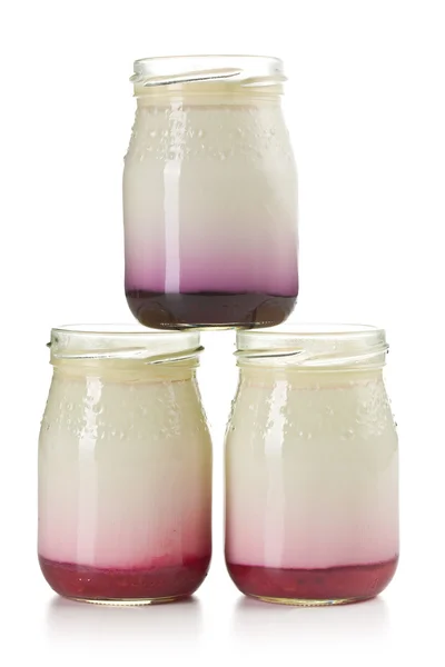 Tres frascos con yogur afrutado — Foto de Stock