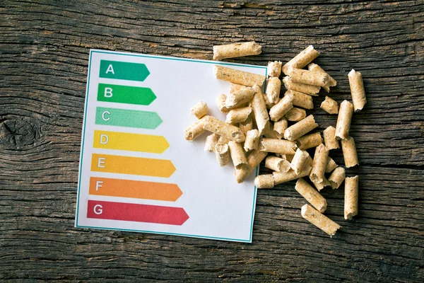 Wooden pellets and energy efficiency levels — Stock Photo, Image