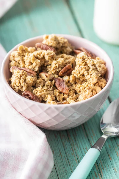 Sweet Granola Cereals Bowl Green Wooden Table — Stock Photo, Image