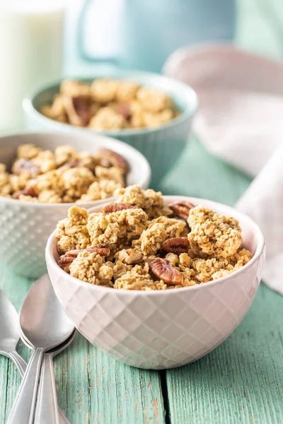 Sweet Granola Cereals Bowl Green Wooden Table — Stock Photo, Image